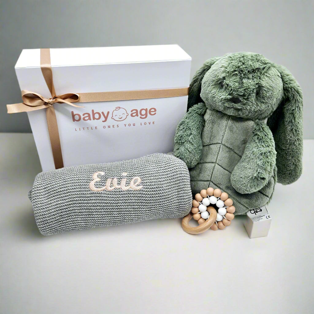 Personalised Sage Bunny Comforter, Grey Blanket & Teether Toy Medium Baby Gift Set