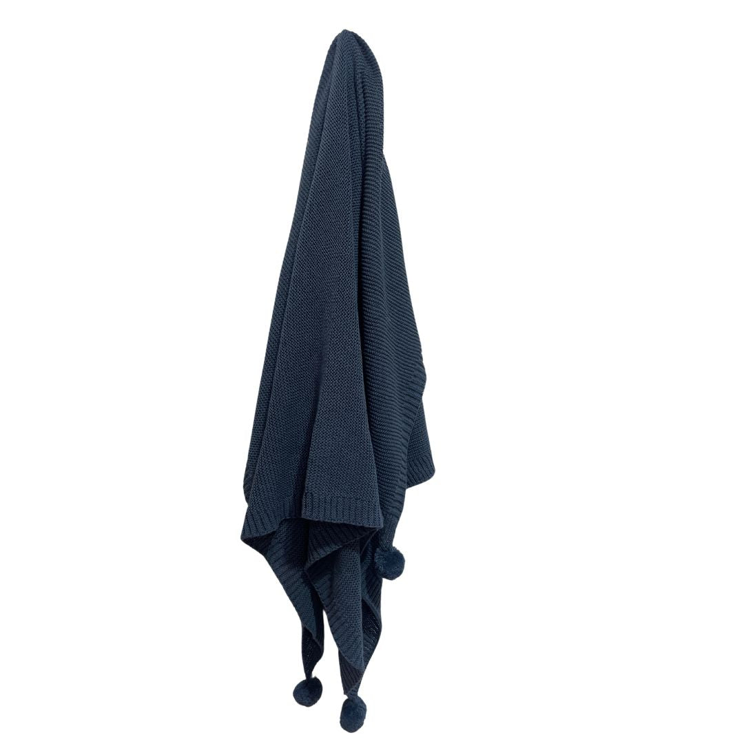 Knitted Navy Pom Pom Personalised Blanket