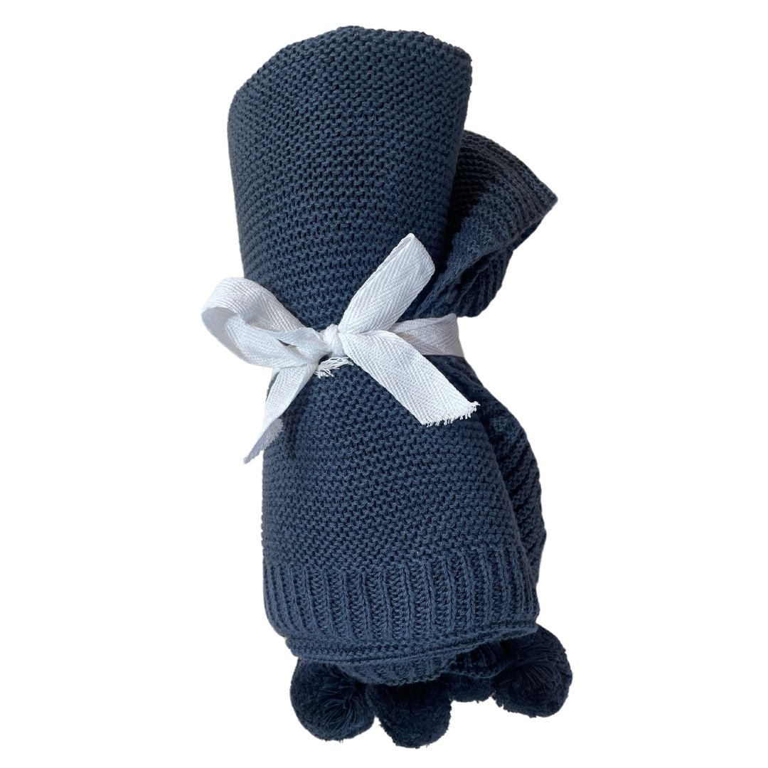 Knitted Navy Pom Pom Personalised Blanket