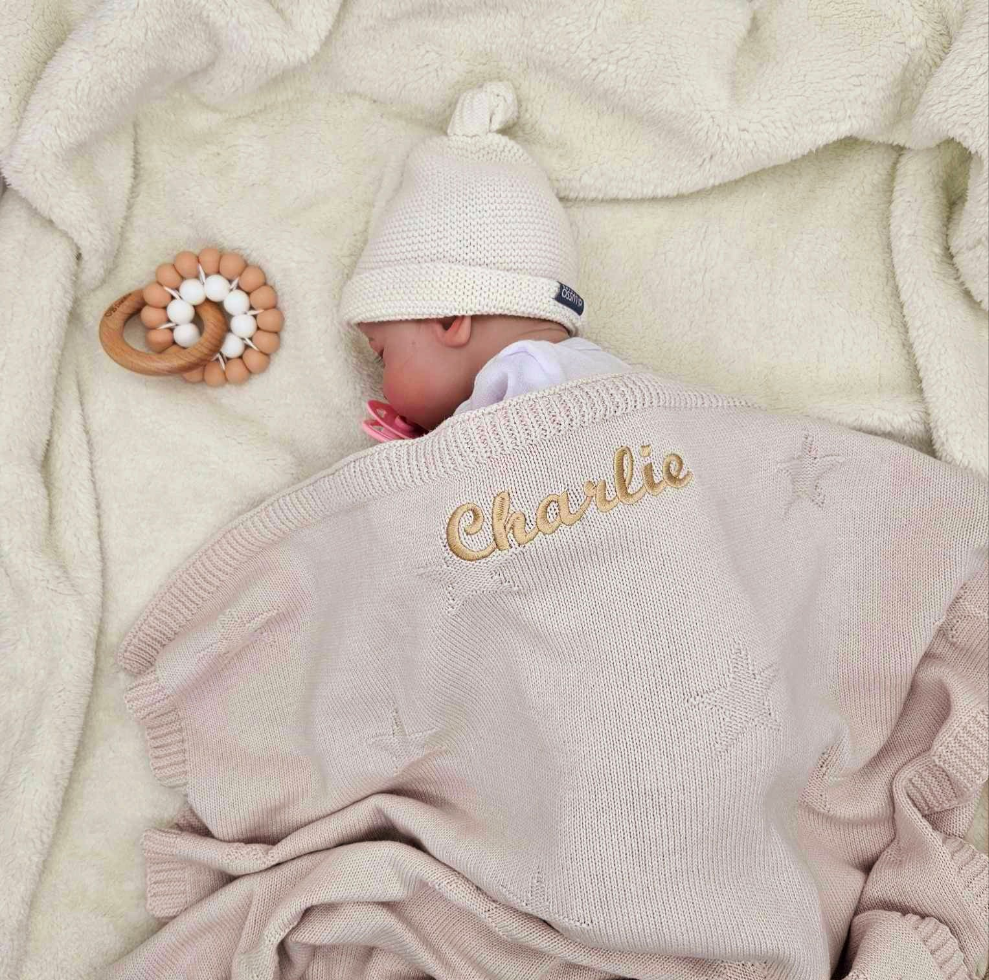 Luxury Personalised Baby Gift Hamper | Caramel Teddy, Blanket & Teether Toy