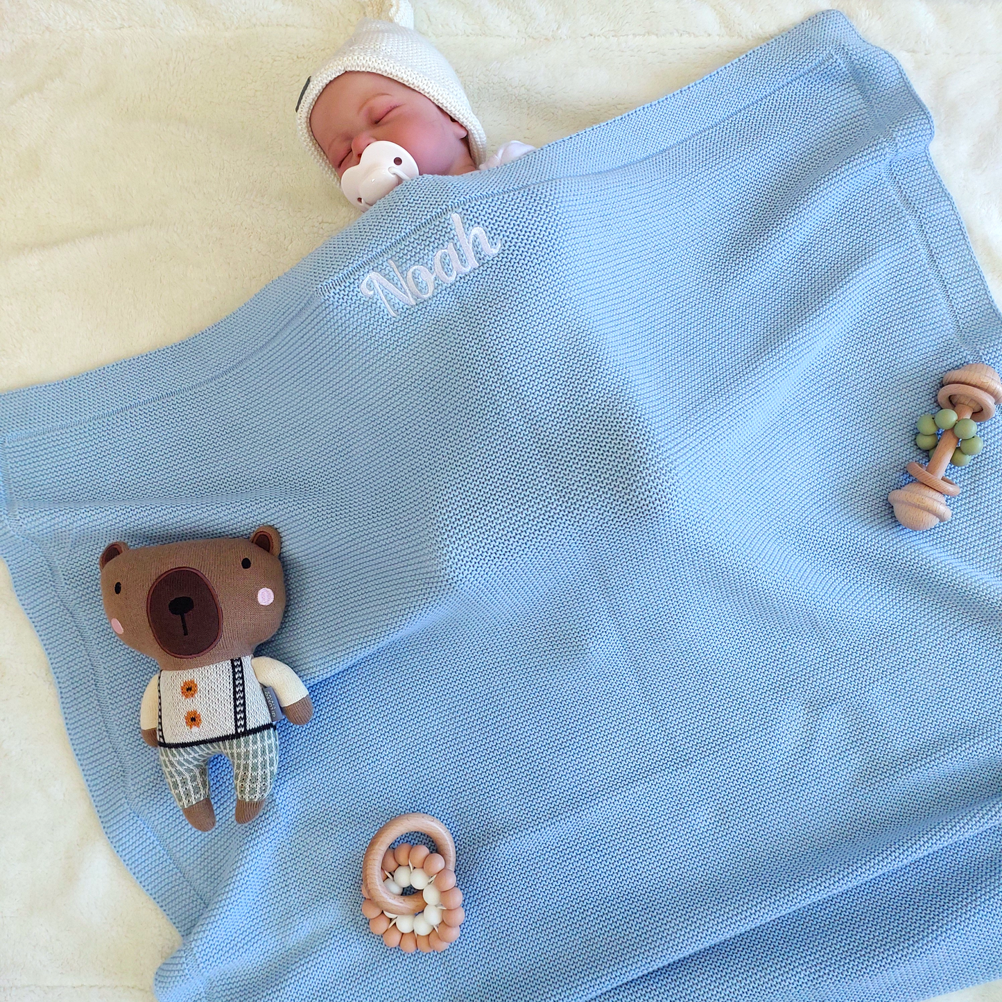 Luxury Personalised Baby Age Gift Hamper | Blue Bunny, BabyAge Blue Blanket & Teether Toy