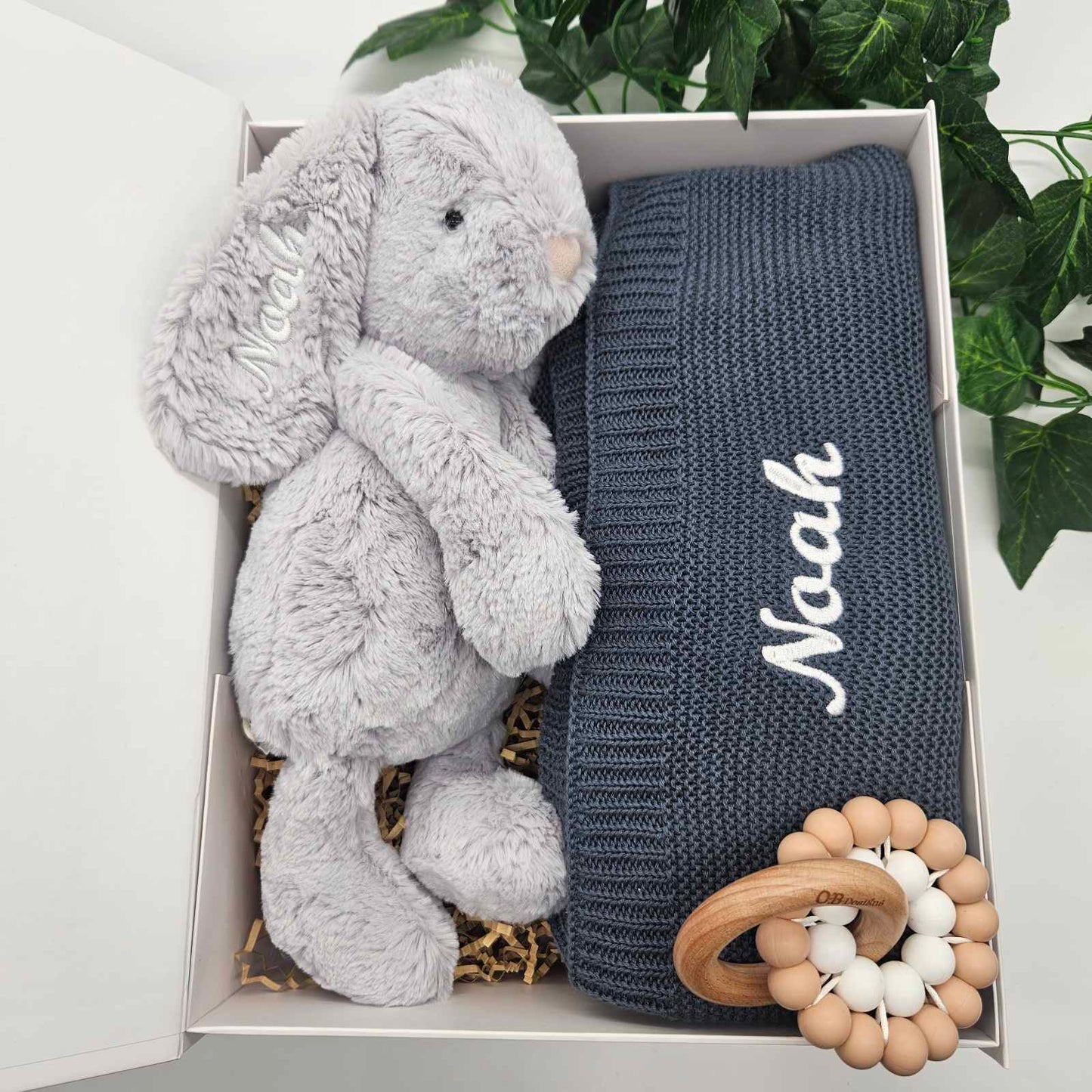 Personalised Baby Gift Hamper | Droplet Bunny, Blanket & Teether Toy