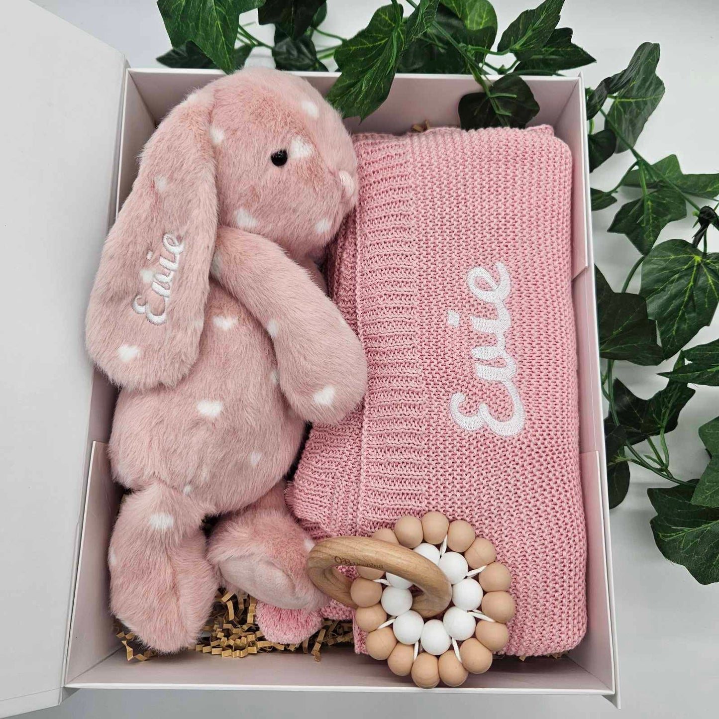 Personalised Baby Gift Hamper | Little Love Pink Bunny, Blanket & Teether Toy
