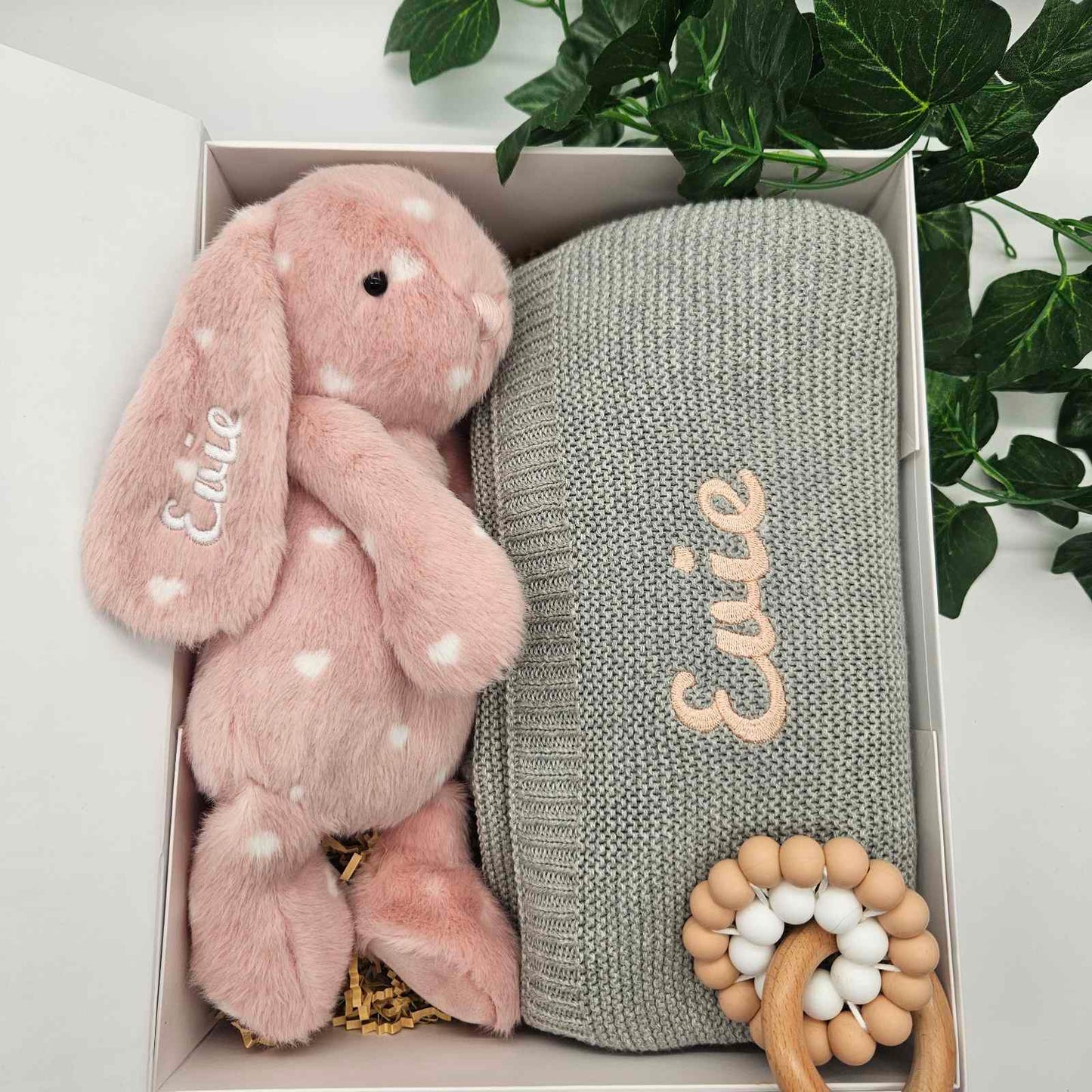 Personalised Baby Gift Hamper | 3 Piece Set in Pink and Grey