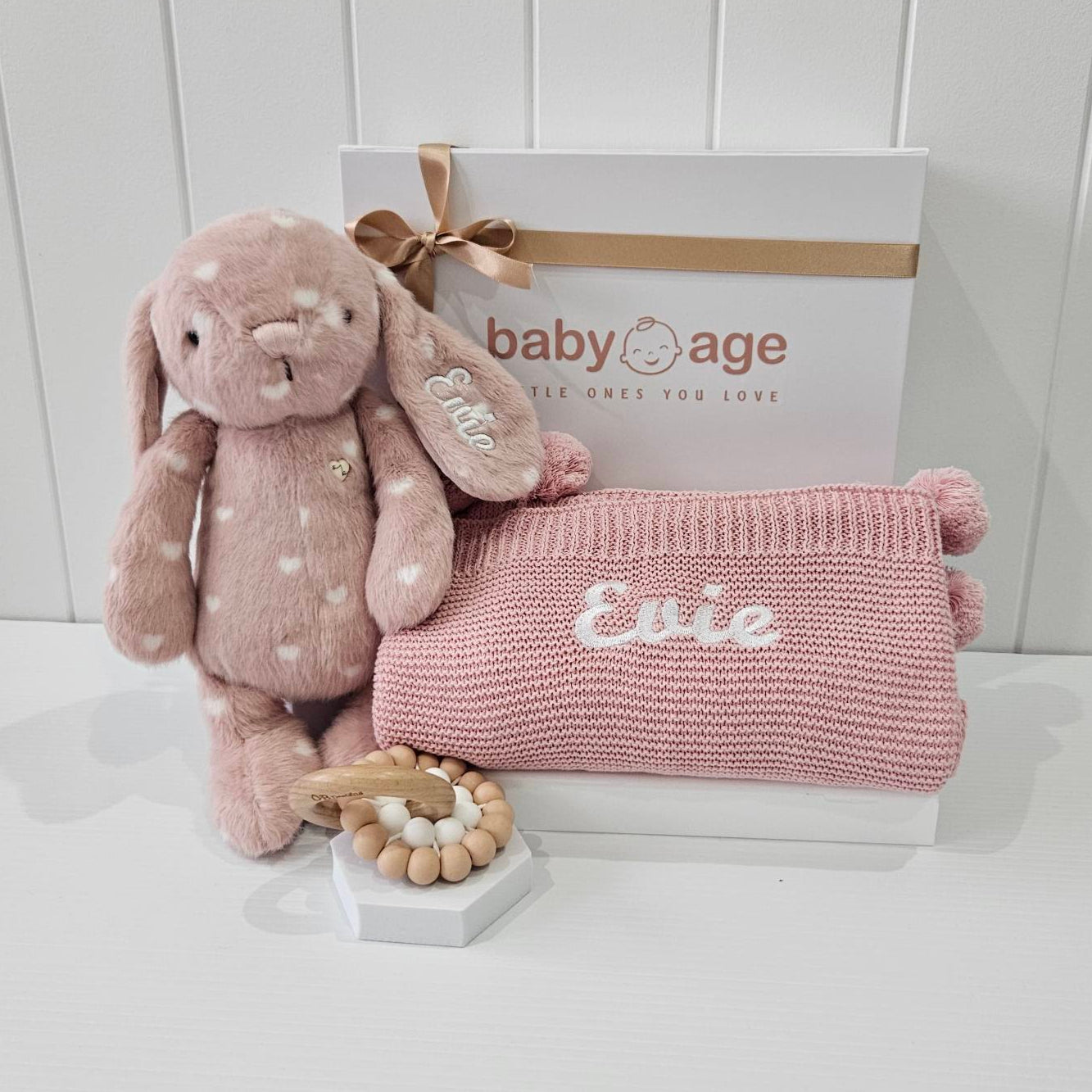 Personalised Baby Gift Hamper | Little Love Pink Bunny, Blanket & Teether Toy