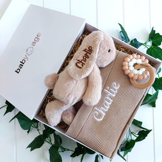 Luxury 3-Piece Personalised Baby Age Gift Hamper in Latte