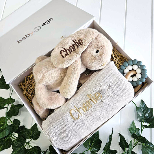 Luxury Personalised Baby Gift Hamper | Caramel Bunny, Blanket & Teether Toy