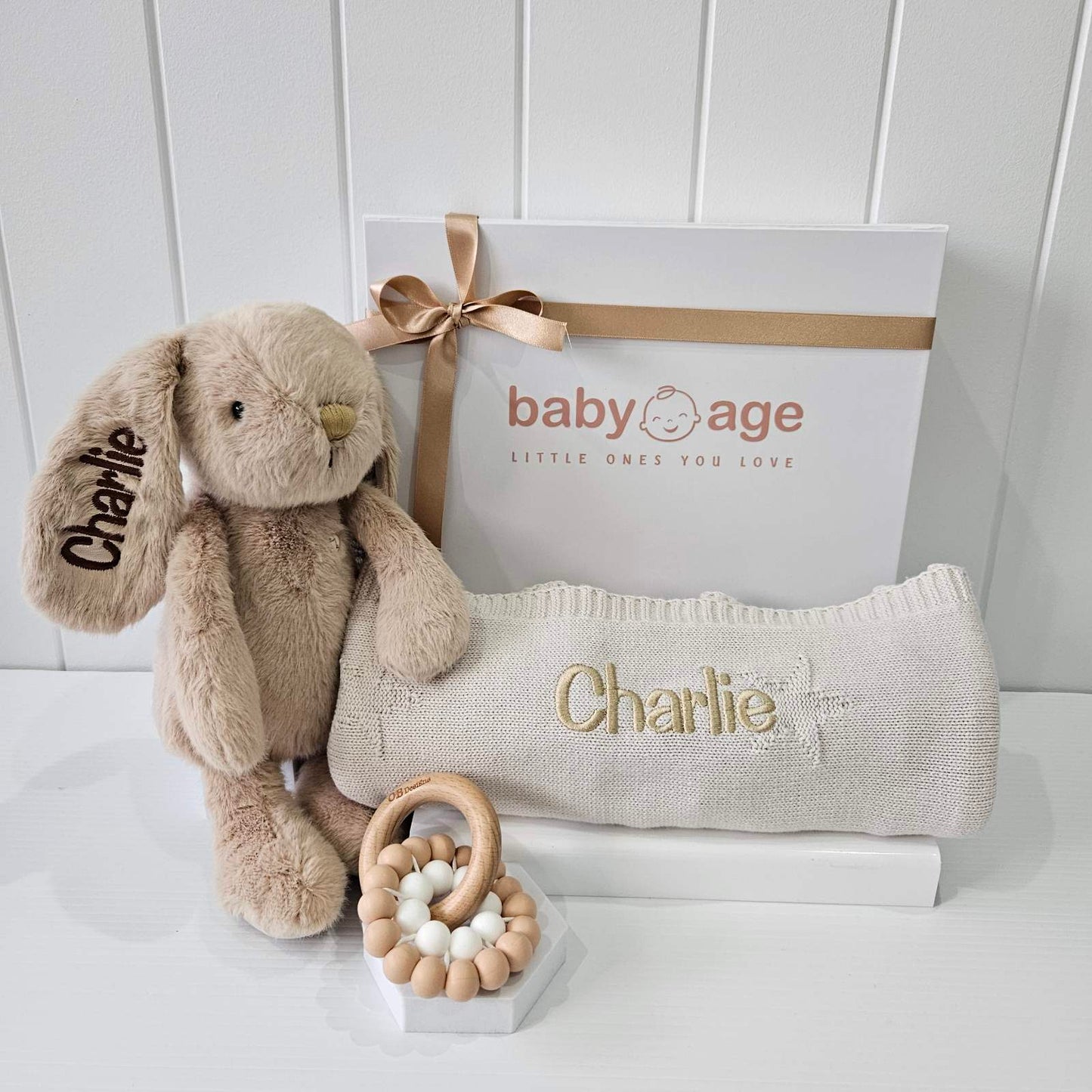 Luxury Personalised Baby Gift Hamper | Caramel Bunny, Blanket & Teether Toy
