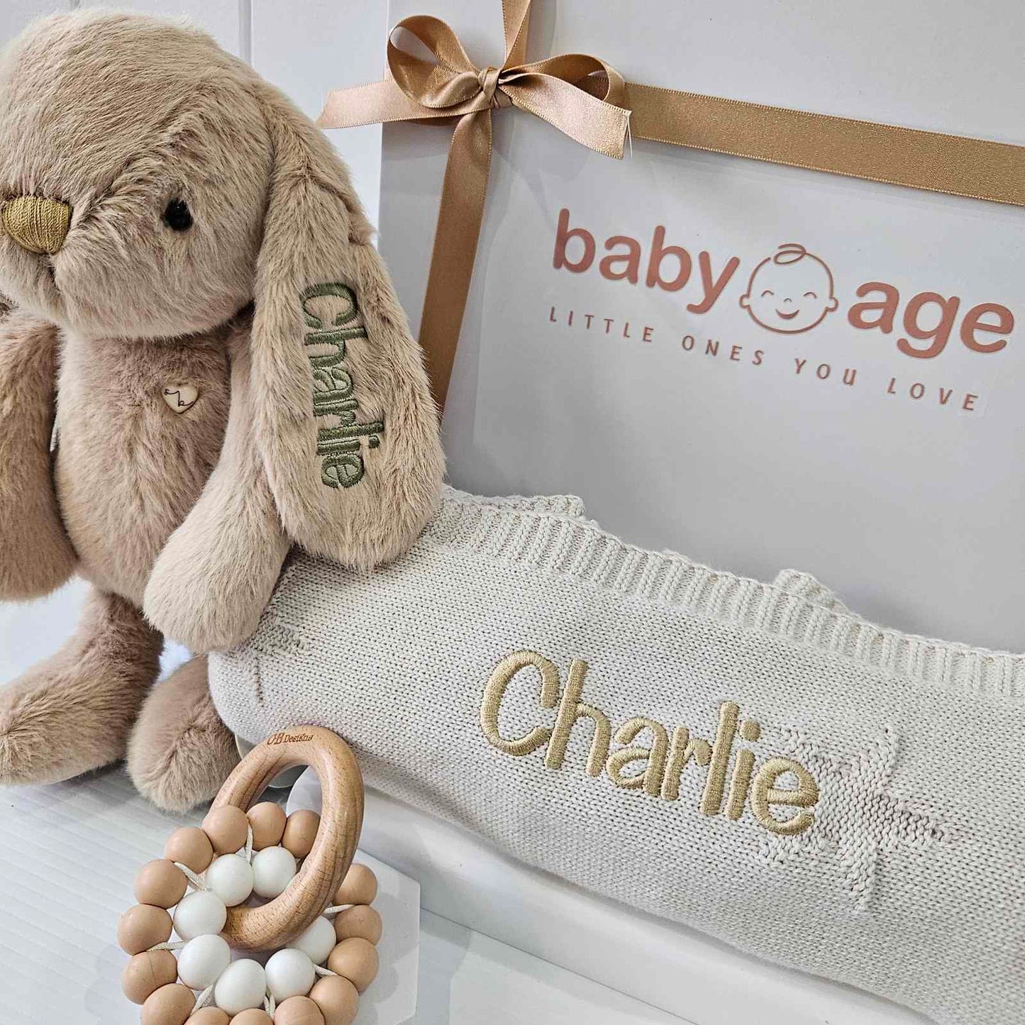 Luxury Personalised Baby Gift Hamper | Caramel Bunny, Blanket & Teether Toy