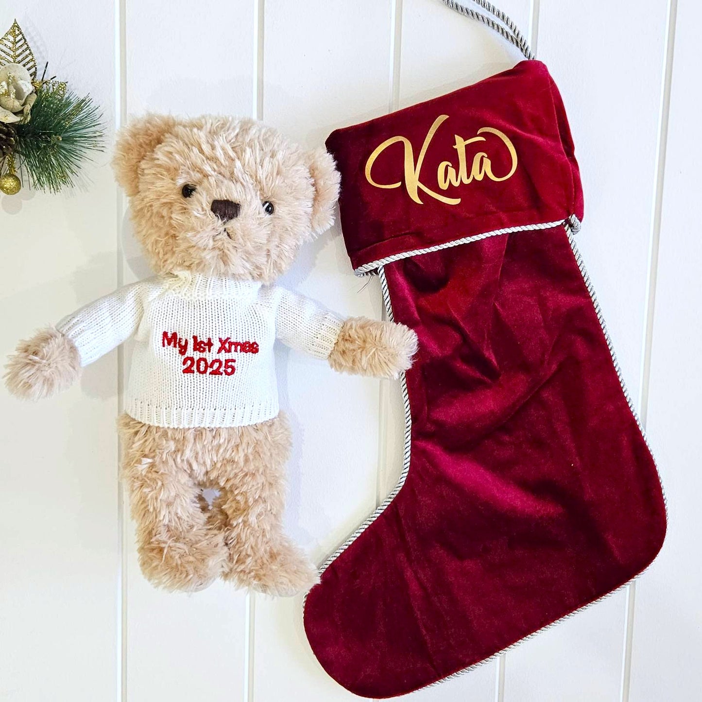 Christmas Teddy Bear with Velvet Santa Stocking Set