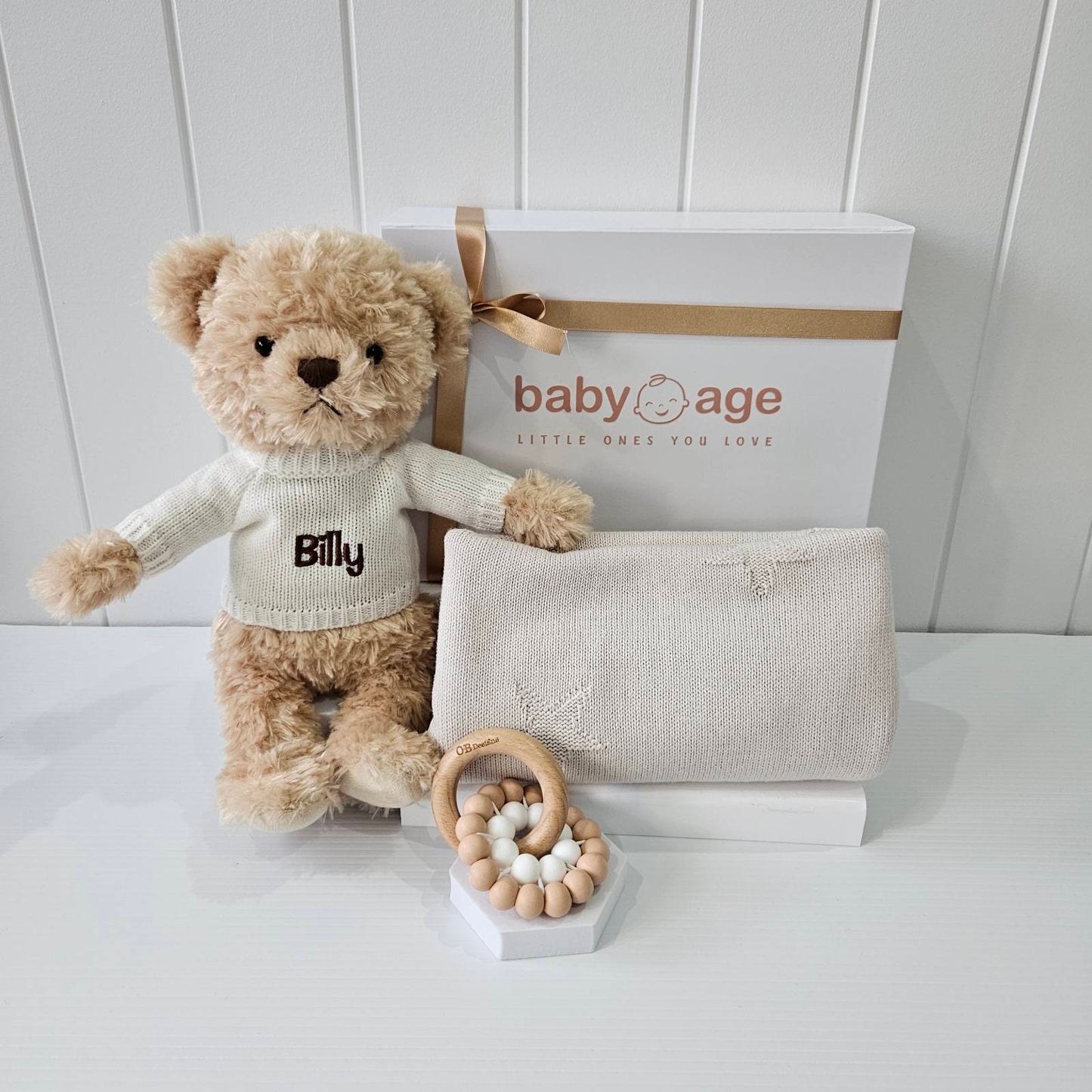 Luxury Personalised Baby Gift Hamper | Caramel Teddy, Blanket & Teether Toy