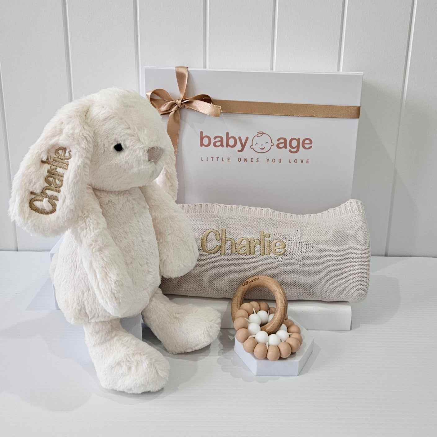 Luxury Personalised Baby Gift Hamper in Marshmallow | Bunny, Blanket & Teether Toy