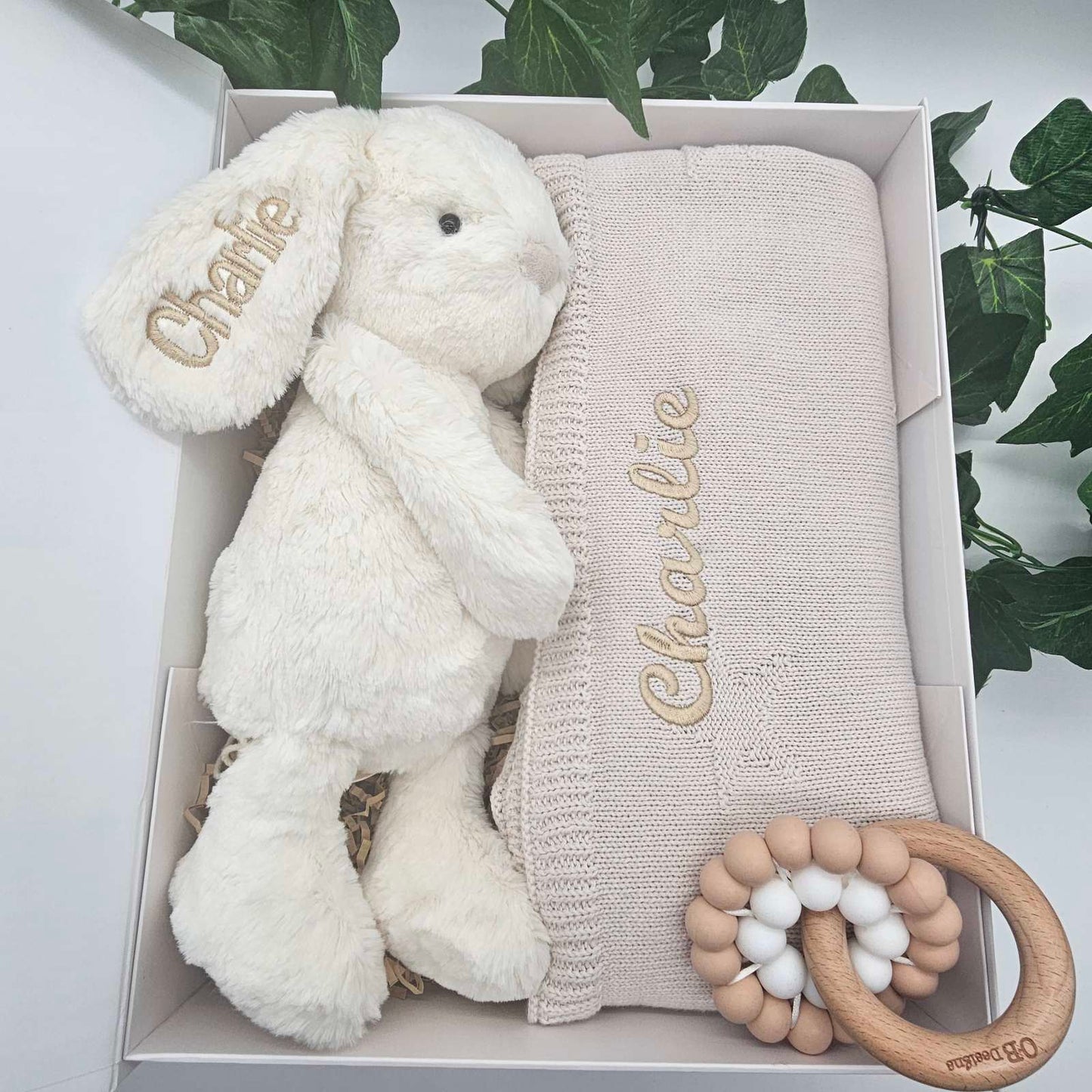 Luxury Personalised Baby Gift Hamper in Marshmallow | Bunny, Blanket & Teether Toy