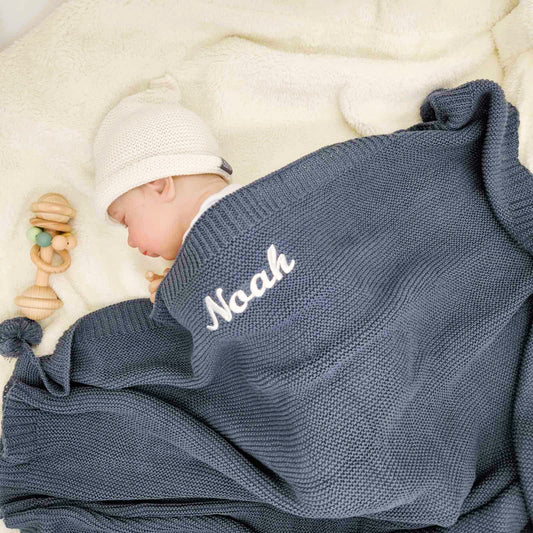 Knitted Navy Pom Pom Personalised Blanket