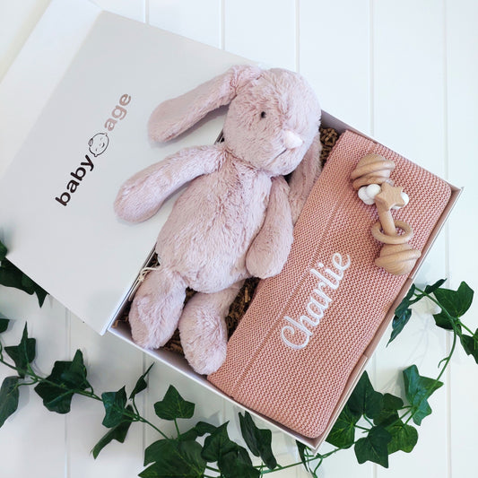 Personalised Penelope Blush Pink Bunny, Pink Blanket & Teether Toy Baby Gift Set