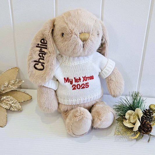 Personalised bunny embroidered with the name Charlie, wearing a My 1st Xmas jumper