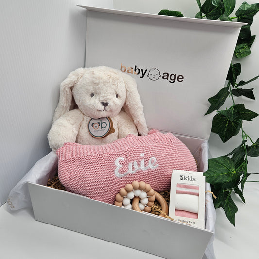 Personalised White Bunny, Pink Blanket 4-Piece | Large Baby Gift Set