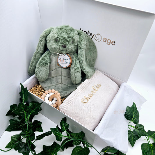 Personalised Sage Bunny Comforter, Stone Blanket & Teether Toy Medium Baby Gift Set