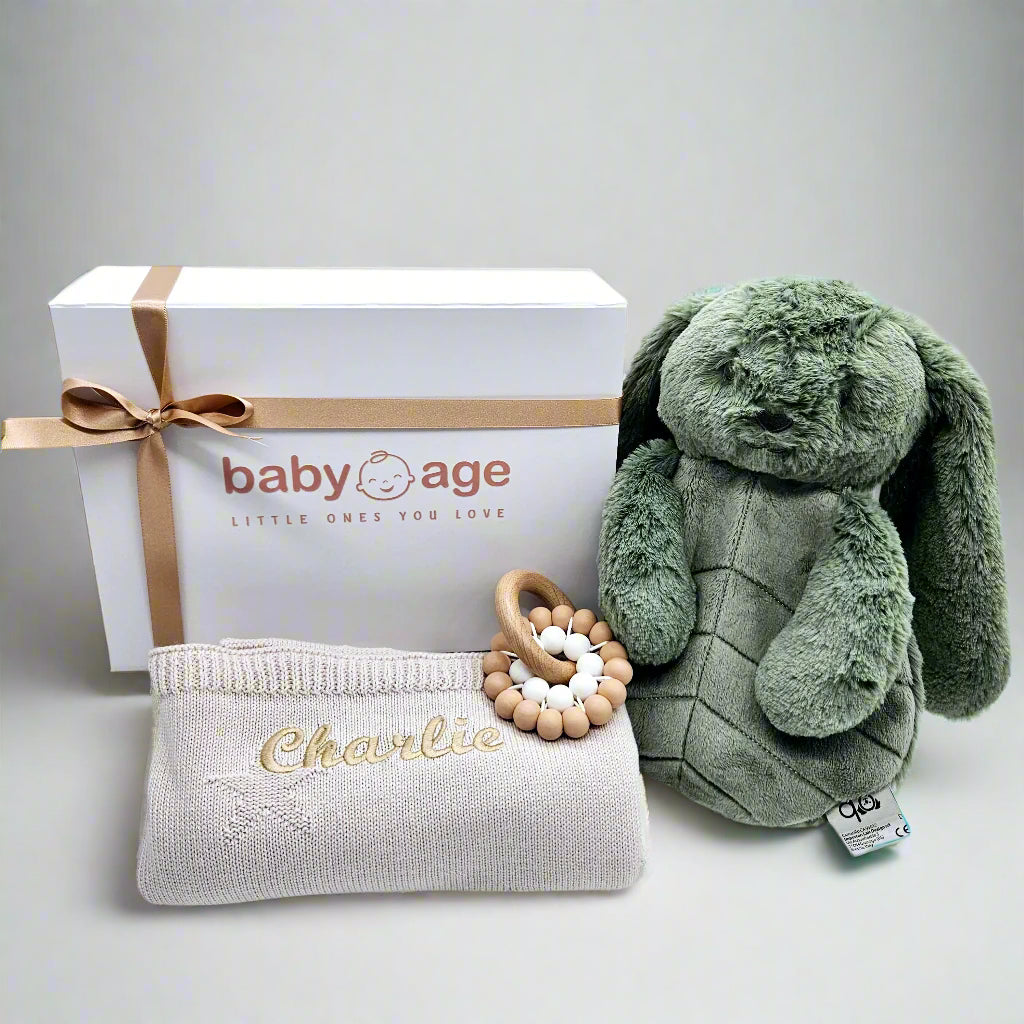 Personalised Sage Bunny Comforter, Stone Blanket & Teether Toy Medium Baby Gift Set