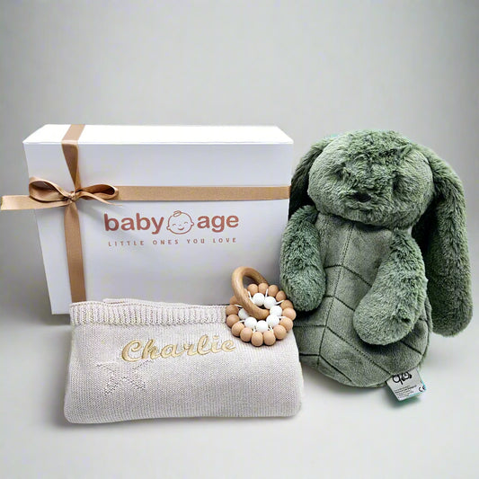 Personalised Sage Bunny Comforter, Stone Blanket & Teether Toy Medium Baby Gift Set