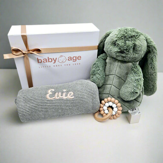 Personalised Sage Bunny Comforter, Grey Blanket & Teether Toy Medium Baby Gift Set