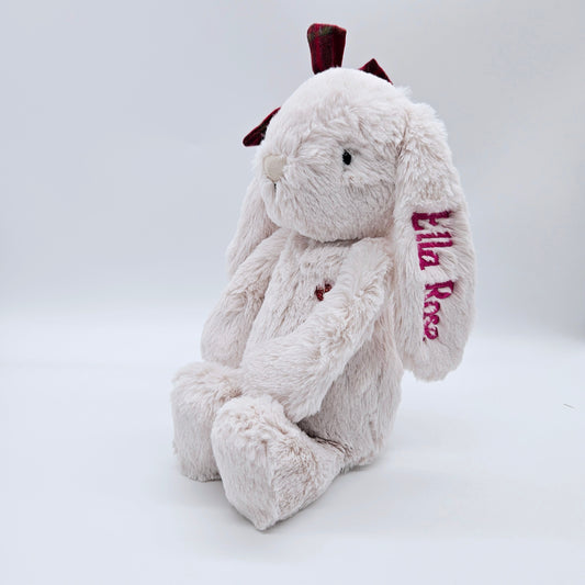 Personalised Jamie Kay Snuggle Bunny in Pastel with Christmas Bow BabyAge