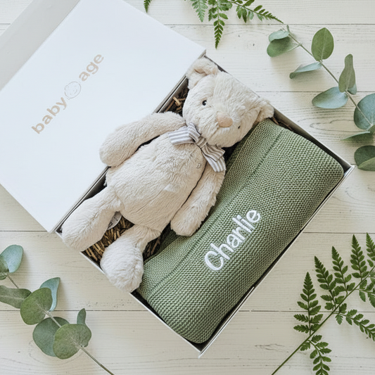 Personalised Sage Blanket & Georgie Bear Baby Gift Set BabyAge