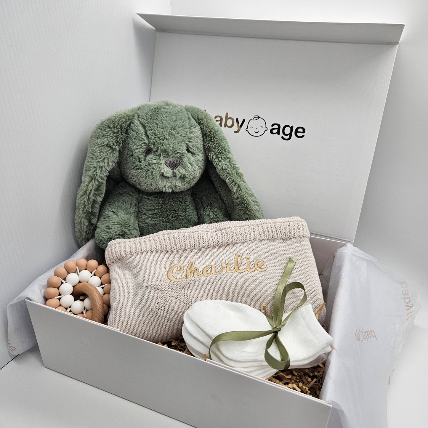 Personalised Sage Bunny, Stone Blanket 4-Piece | Large Baby Gift Set