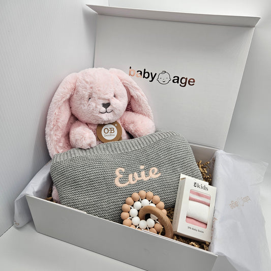 Personalised Pink Bunny, Grey Blanket 4-Piece | Large Baby Gift Set