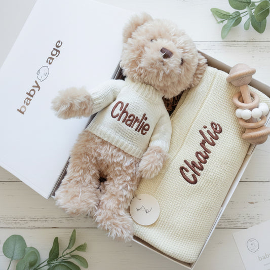 Personalised Teddy & Cream Blanket with Teether Baby Gift Set BabyAge