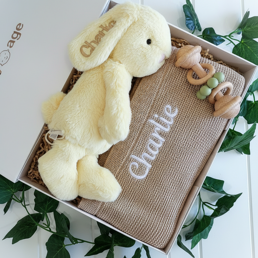 Luxury Personalised Baby Age Gift Hamper | Anise Bunny, BabyAge Latte Blanket & Teether BabyAge