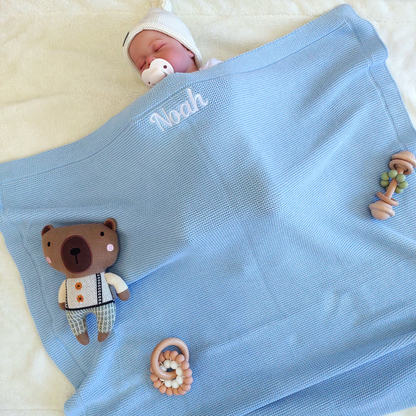 Luxury Personalised Baby Age Gift Hamper | Blue Bunny, BabyAge Blue Blanket & Teether Toy