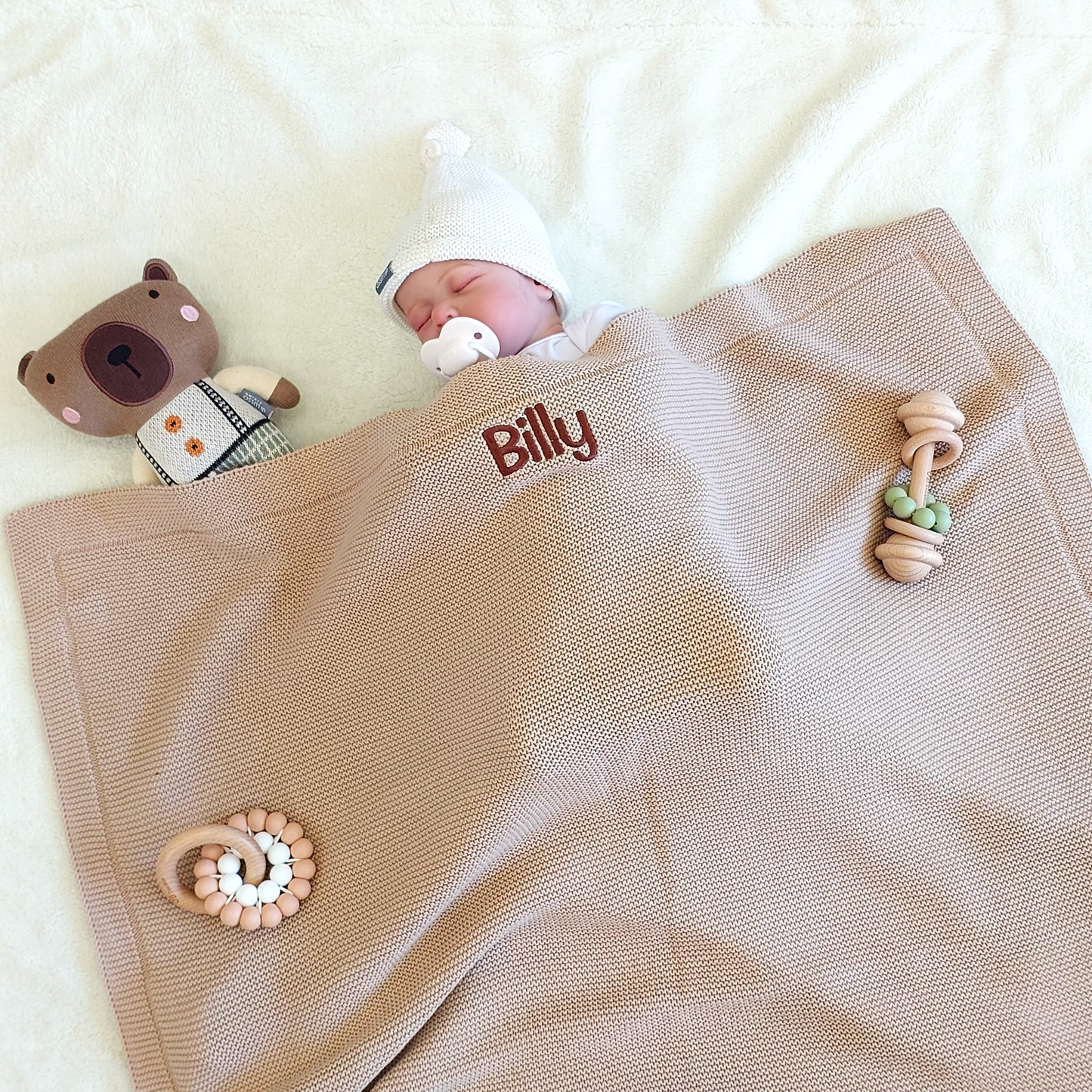Personalised Teddy & Latte Blanket with Teether Baby Gift Set