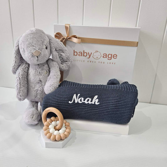 Personalised Baby Gift Hamper | Droplet Bunny, Blanket & Teether Toy