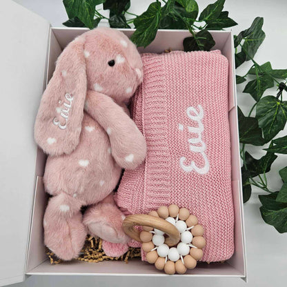 Personalised Baby Gift Hamper | Little Love Pink Bunny, Blanket & Teether Toy