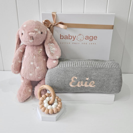 Personalised Baby Gift Hamper | 3 Piece Set in Pink and Grey