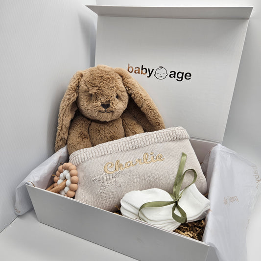 Personalised Brown Bunny, Stone Blanket 4-Piece | Large Baby Gift Set