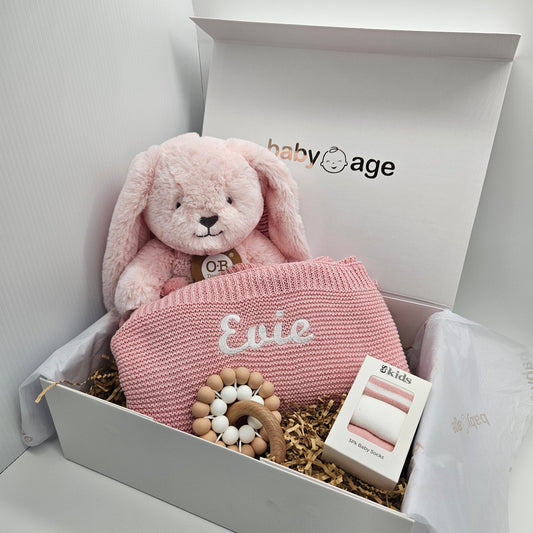 Personalised Pink Bunny, Pink Blanket 4-Piece | Large Baby Gift Set