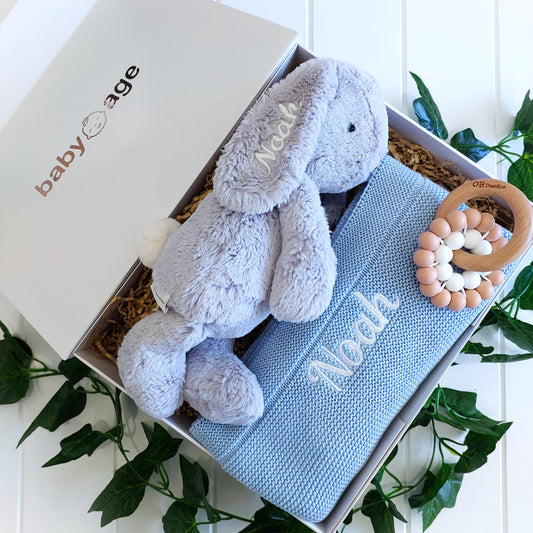 Luxury Personalised Baby Age Gift Hamper | Blue Bunny, BabyAge Blue Blanket & Teether Toy