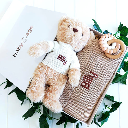 Personalised Teddy & Latte Blanket with Teether Baby Gift Set