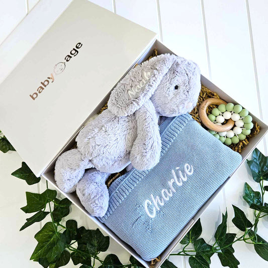 Personalised Droplet Bunny, Baby Blue Blanket & Teether Toy Baby Gift Set