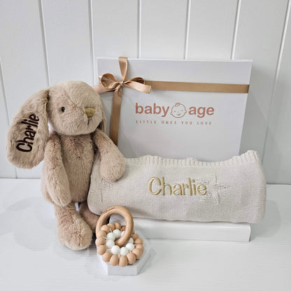 Luxury Personalised Baby Gift Hamper | Caramel Bunny, Blanket & Teether Toy
