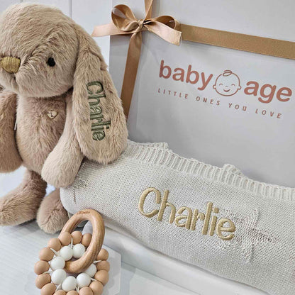 Luxury Personalised Baby Gift Hamper | Caramel Bunny, Blanket & Teether Toy