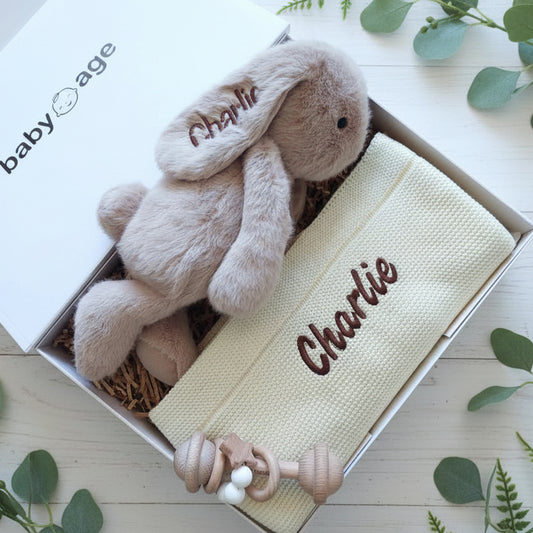 Luxury 3-Piece Personalised Baby Age Gift Hamper in Caramel BabyAge