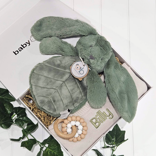 Personalised Sage Bunny Comforter, Stone Blanket & Teether Toy Medium Baby Gift Set