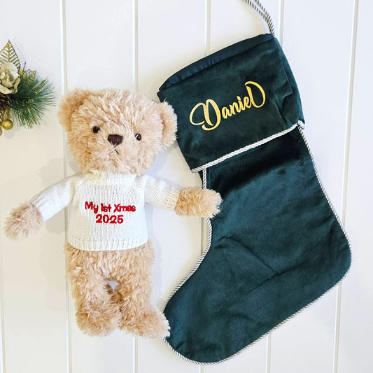 Christmas Teddy Bear with Velvet Santa Stocking Set