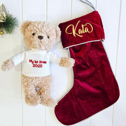 Christmas Teddy Bear with Velvet Santa Stocking Set