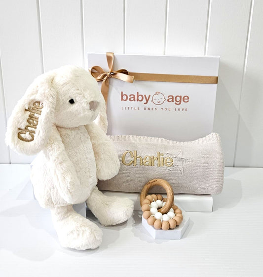 Luxury Personalised Baby Gift Hamper in Marshmallow | Bunny, Blanket & Teether Toy