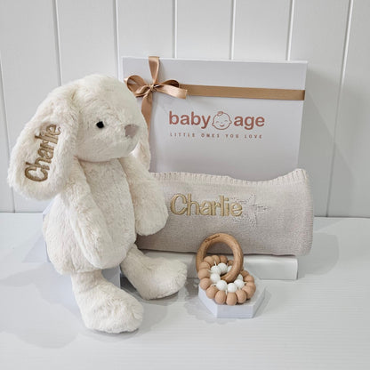 Luxury Personalised Baby Gift Hamper in Marshmallow | Bunny, Blanket & Teether Toy