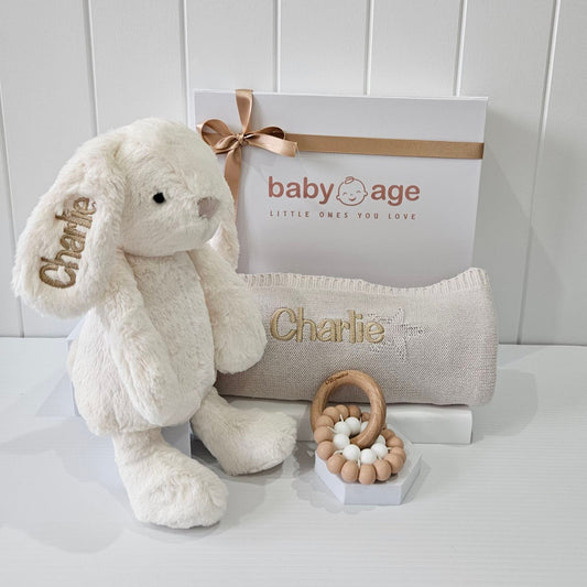 Luxury Personalised Baby Gift Hamper in Marshmallow | Bunny, Blanket & Teether Toy